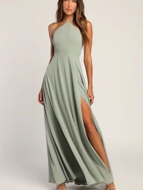 Lulu's Sage Brush Halter Absolutely Breathtaking Maxi Dress with High Slit